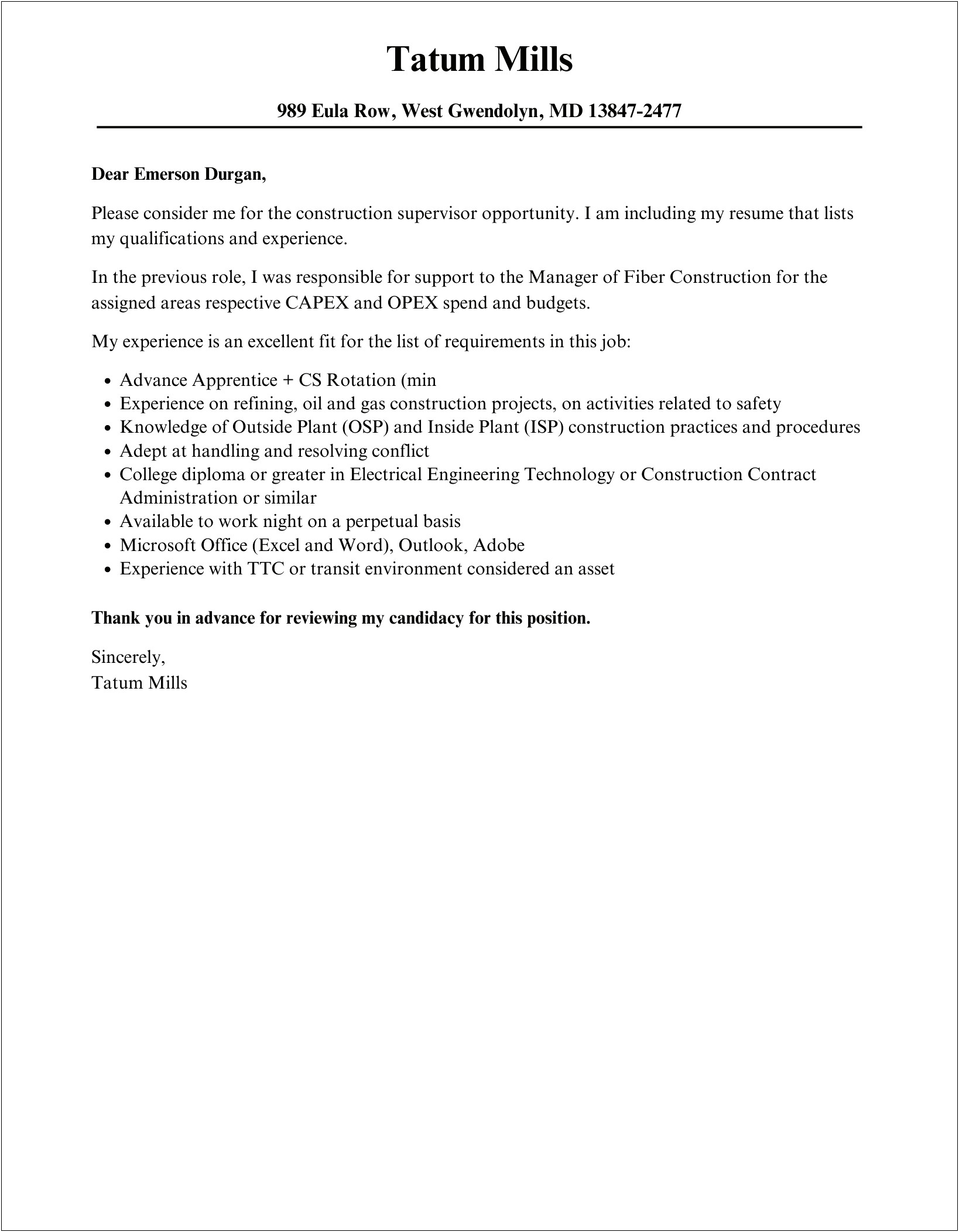 Cover Letter Template For Construction Worker