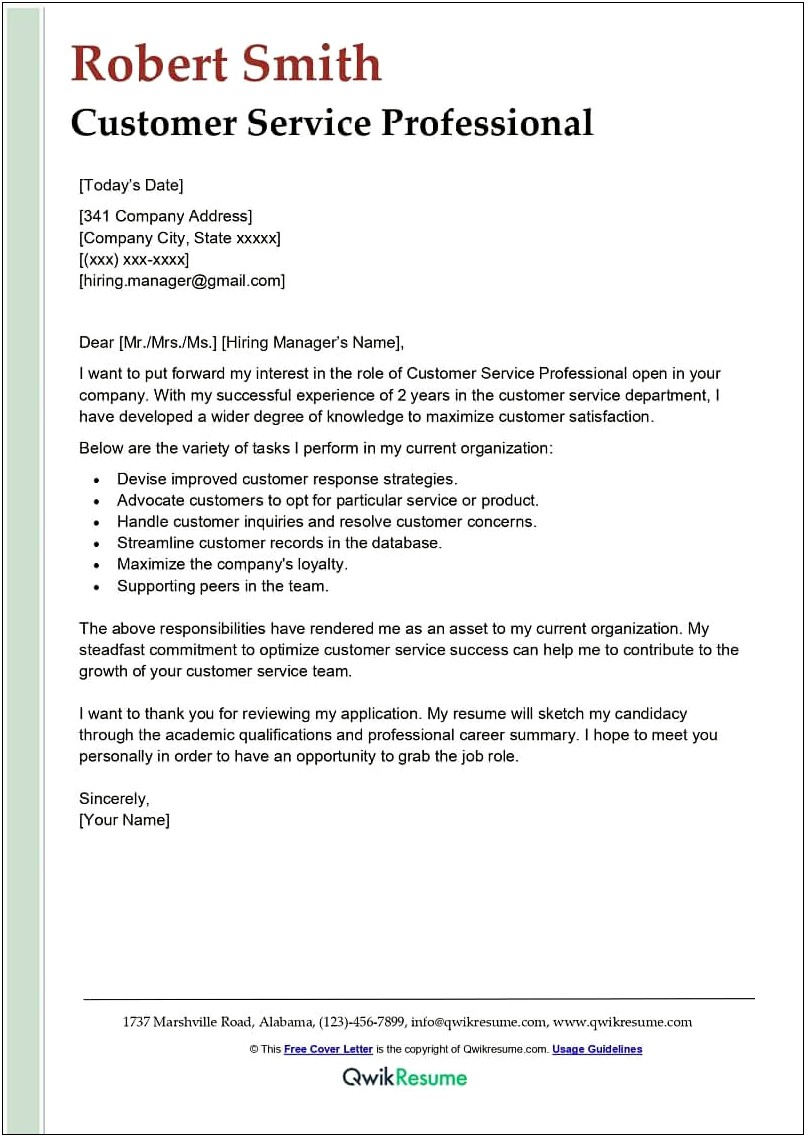 Cover Letter Template For Customer Service Job