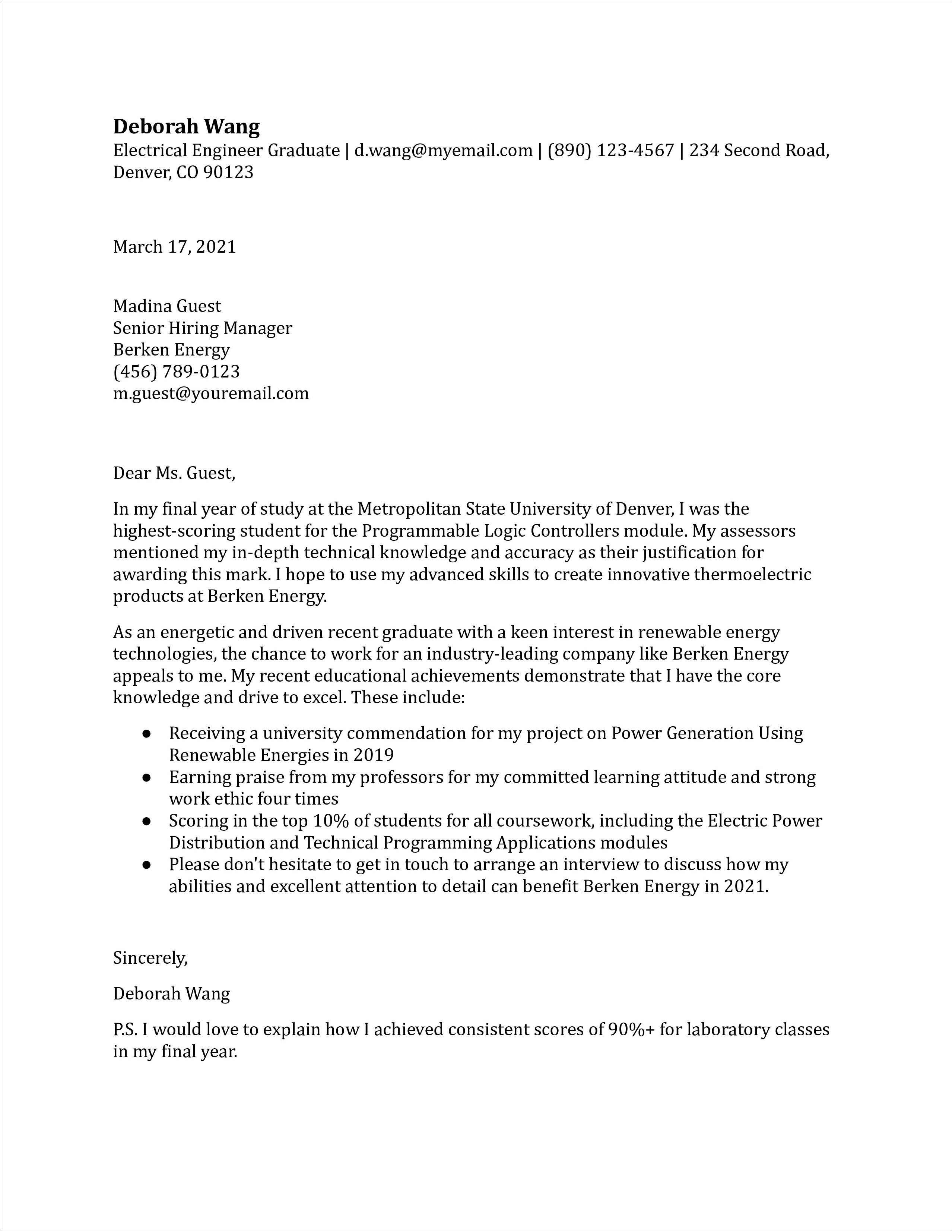 Cover Letter Template For Electrical Engineer