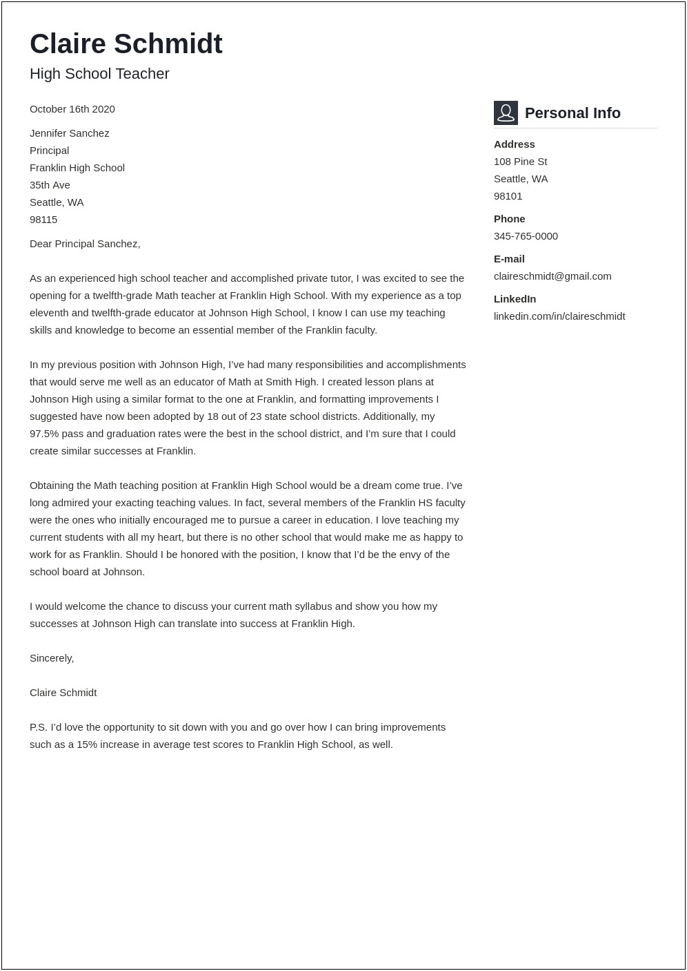 Cover Letter Template For English Teacher