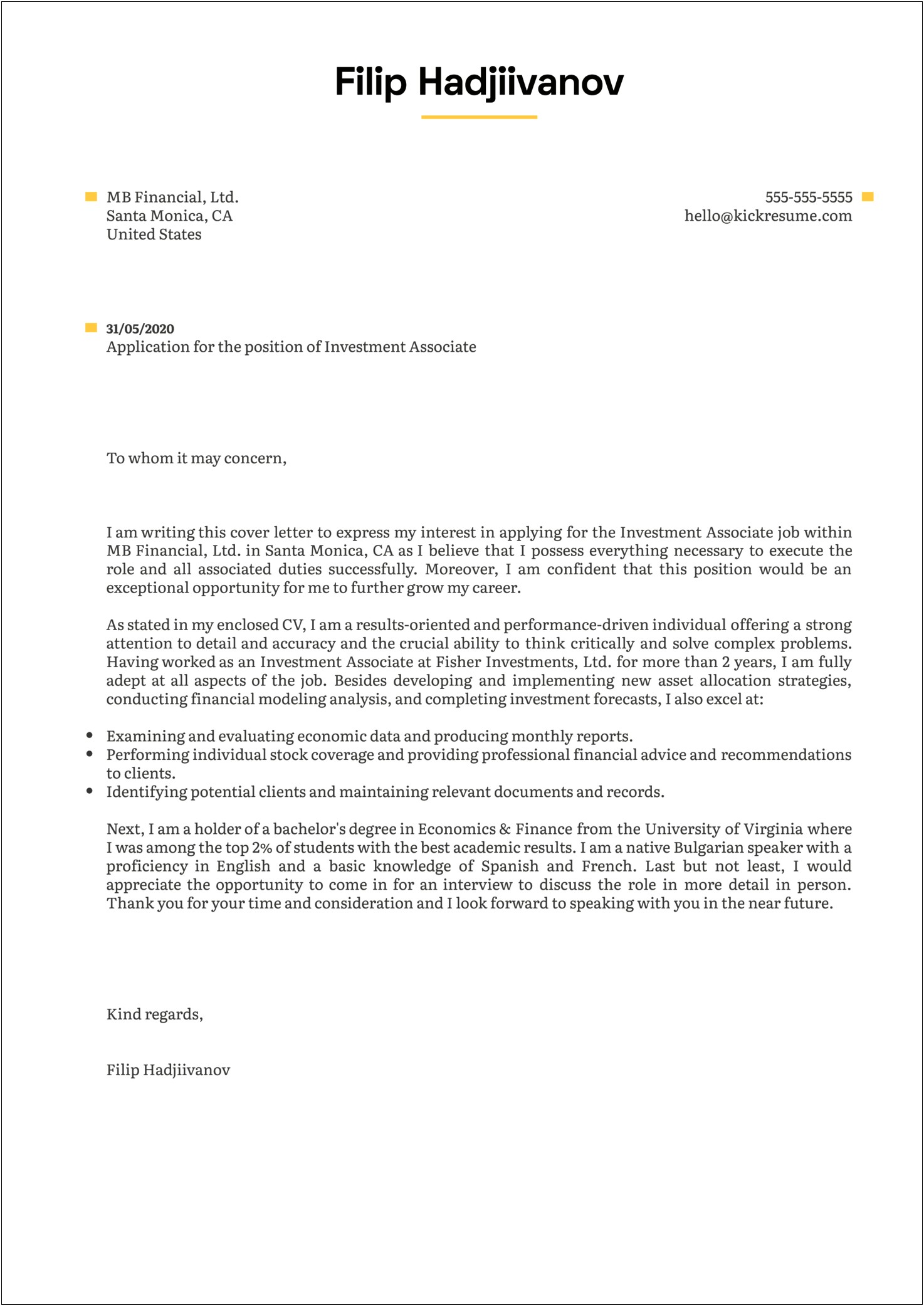 Cover Letter Template For Finance Job