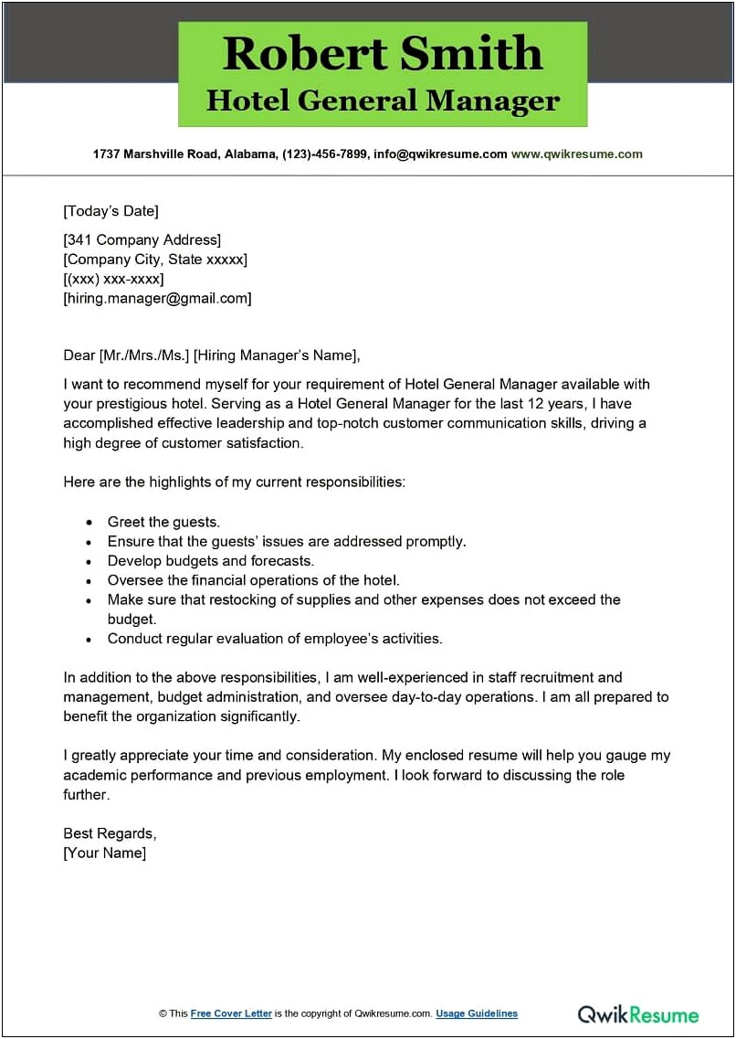 Cover Letter Template For Hotel Manager