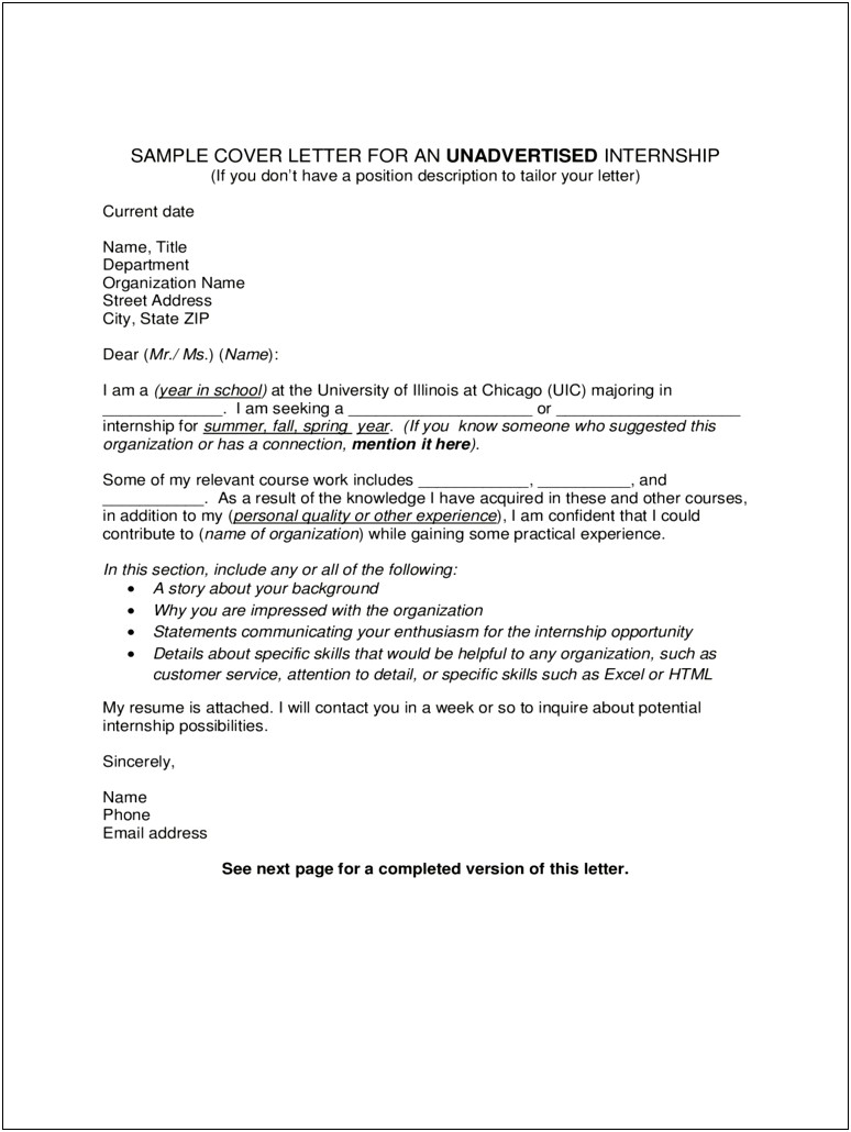 Cover Letter Template For Internship Position