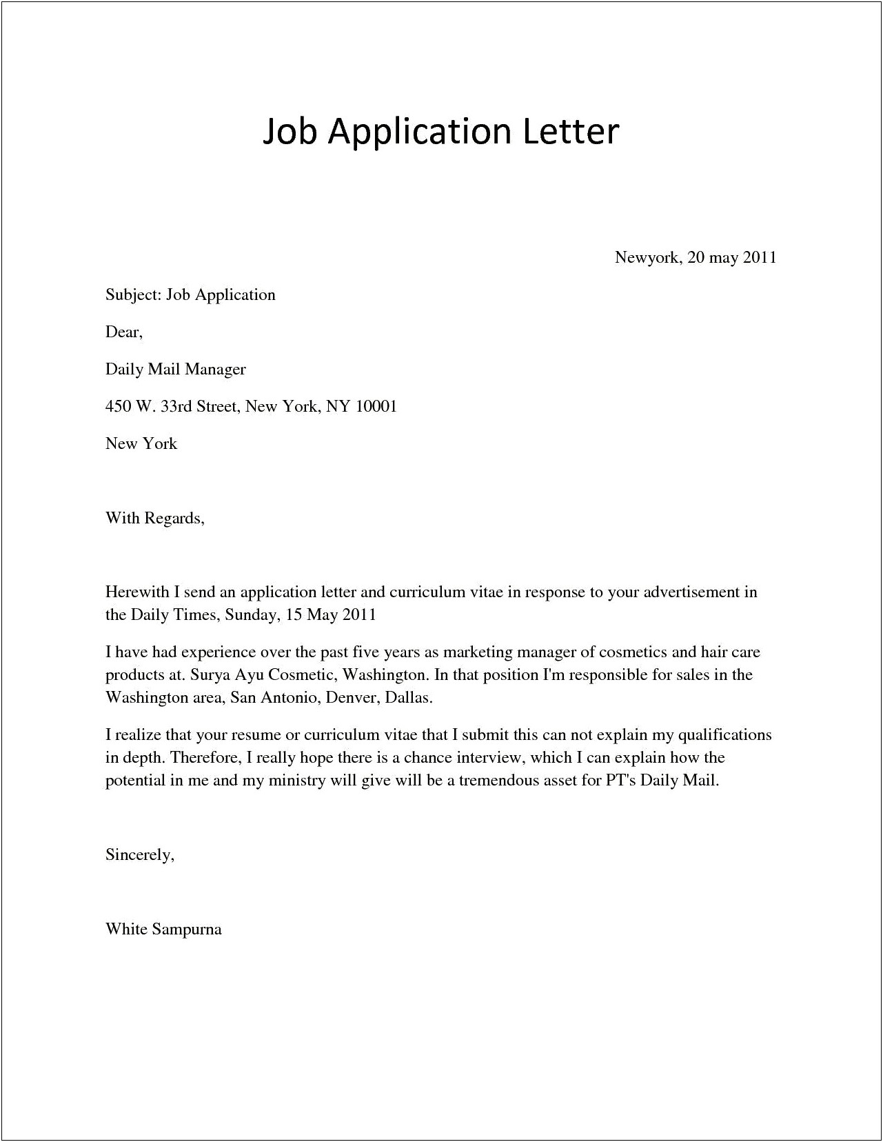 Cover Letter Template For Job Application Example