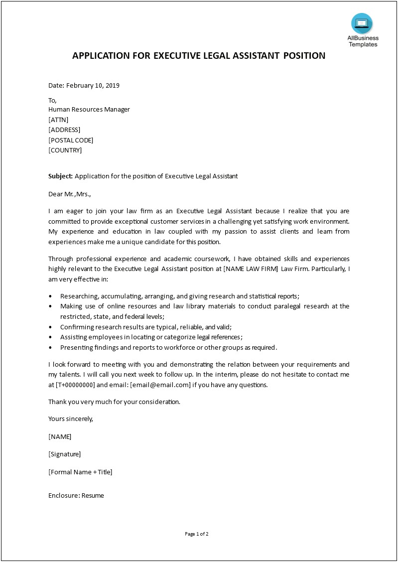 Cover Letter Template For Legal Assistant Position