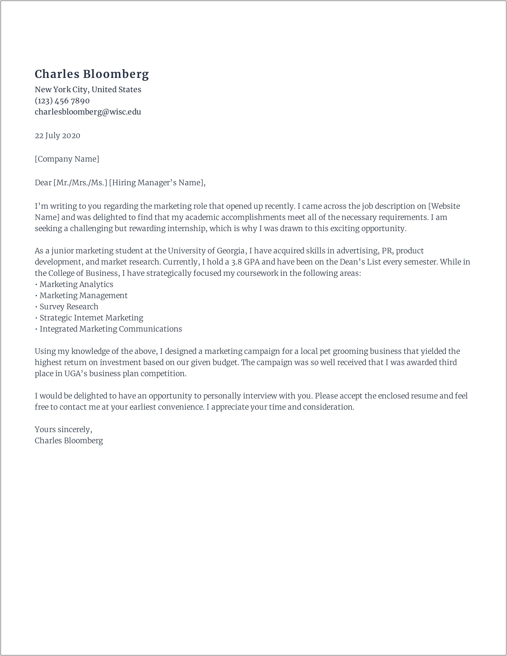 Cover Letter Template For Marketing Internship