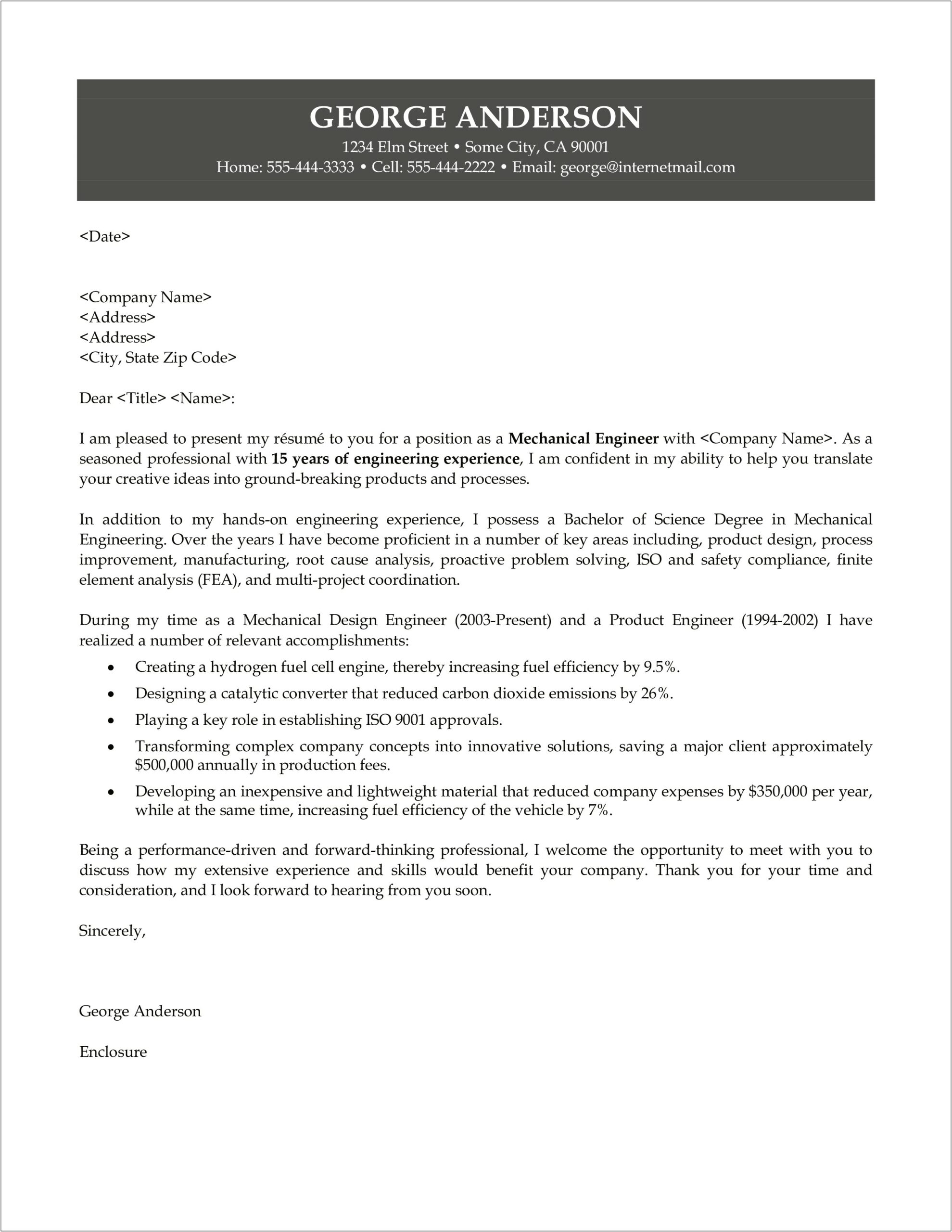 Cover Letter Template For Mechanical Engineer