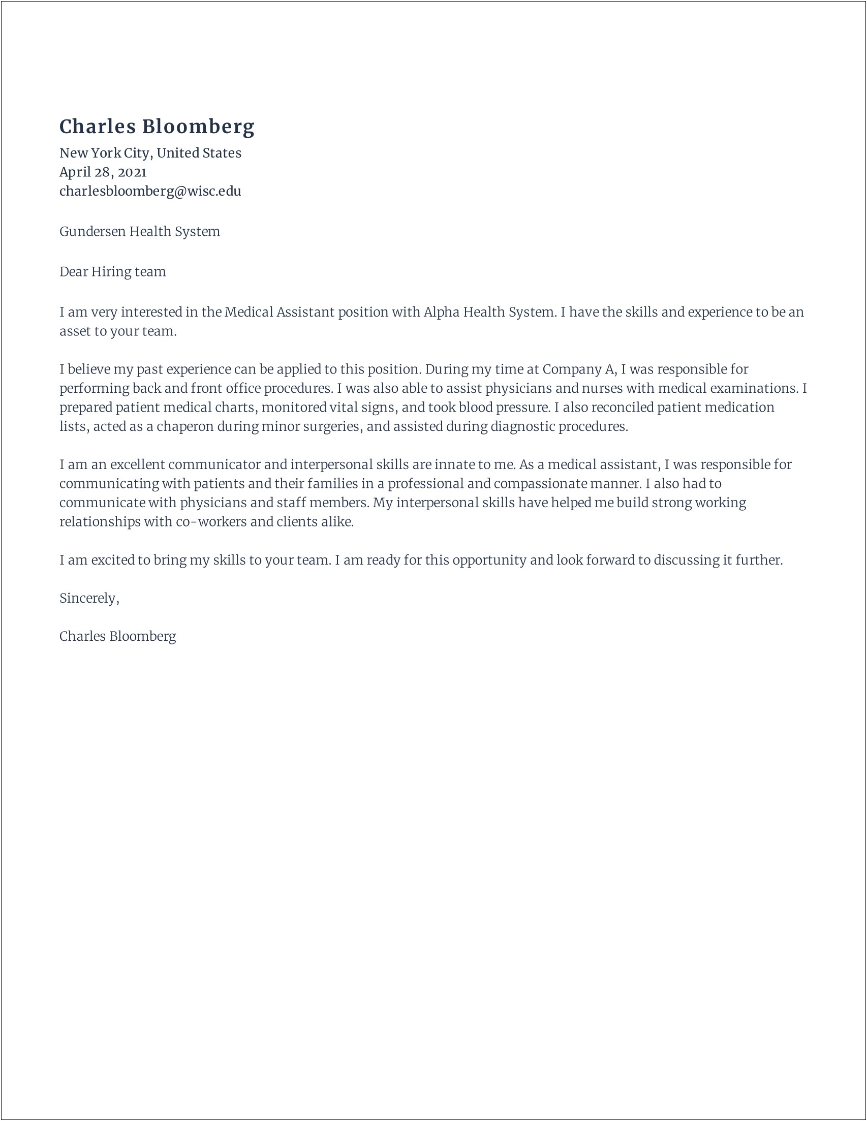 Cover Letter Template For Medical Administrative Assistant