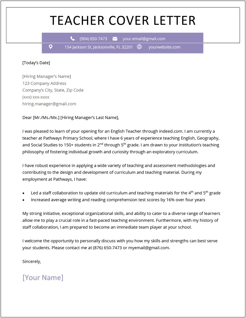 Cover Letter Template For New Teachers