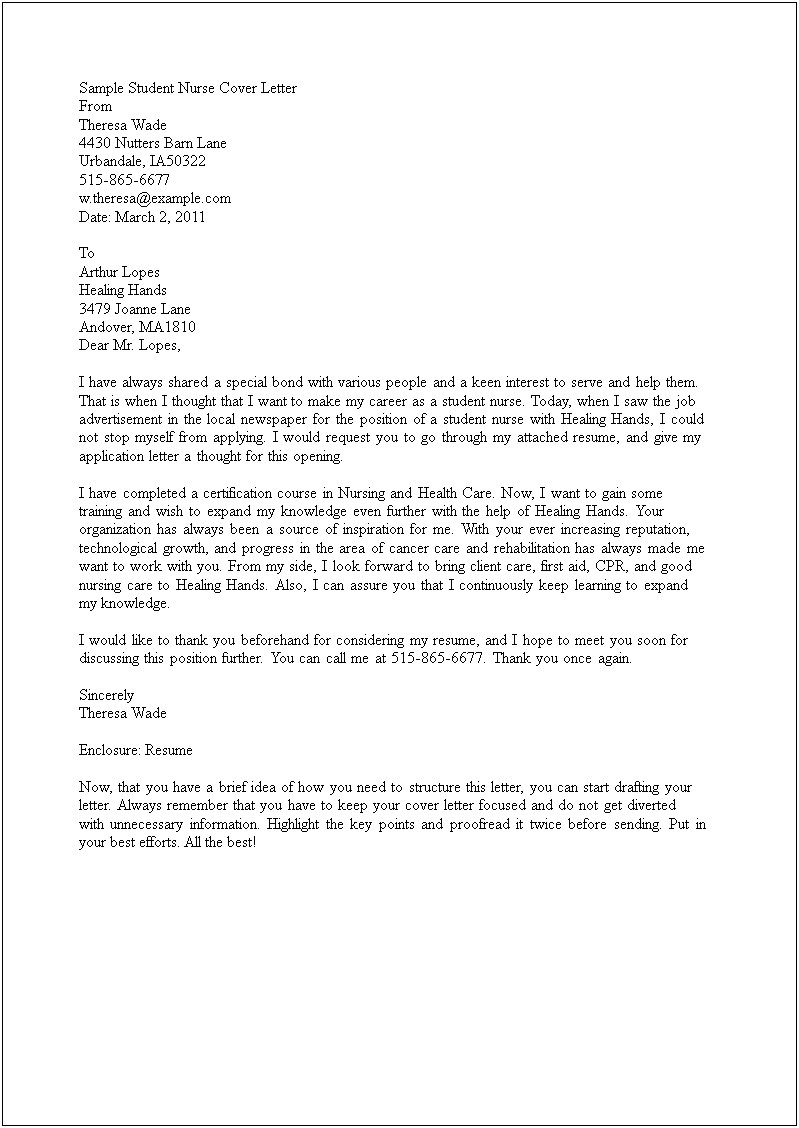 Cover Letter Template For Nursing Student