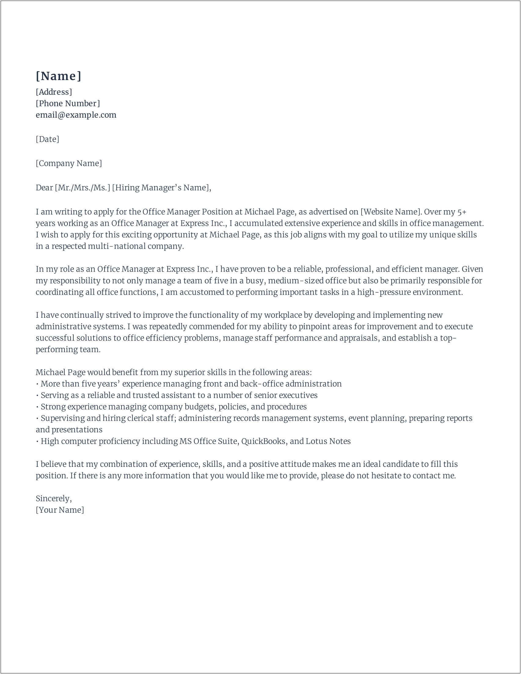 Cover Letter Template For Office Administrator