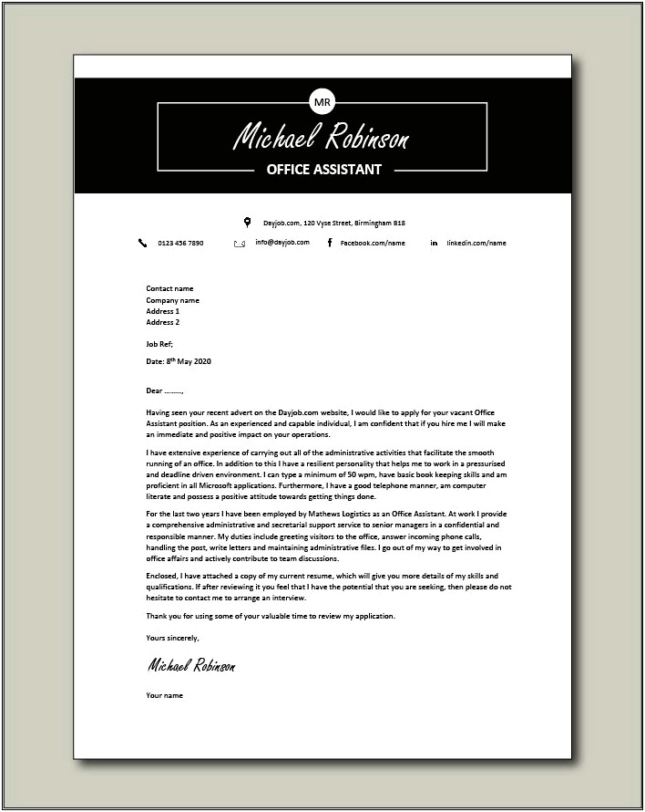 Cover Letter Template For Office Assistant At Church