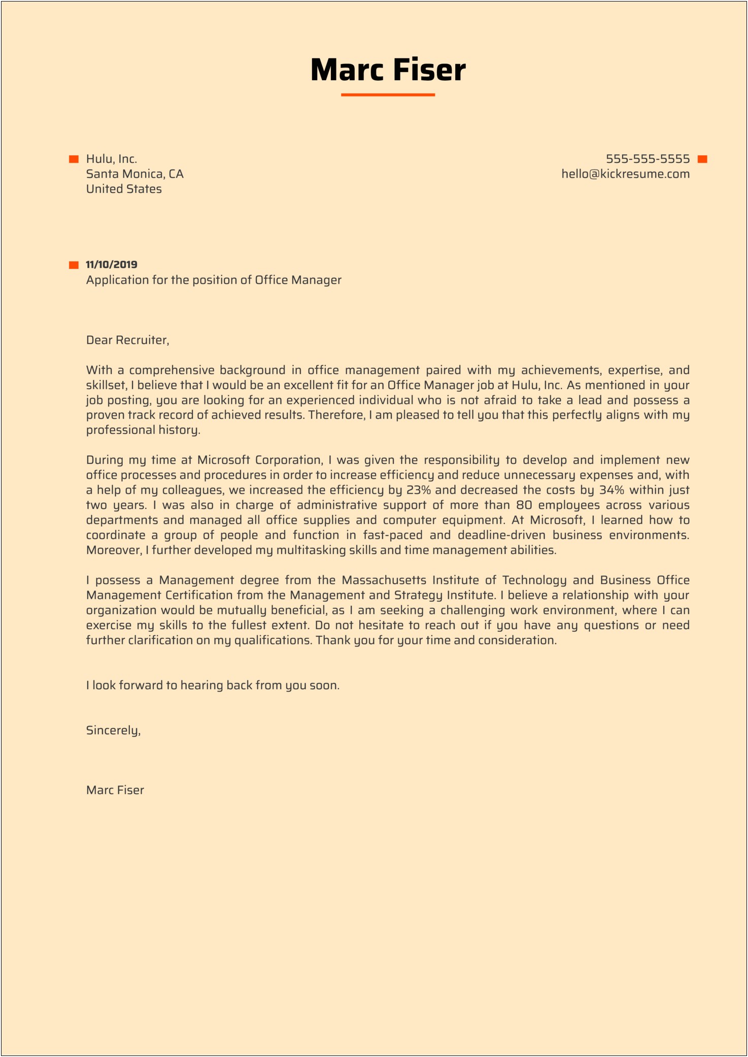 Cover Letter Template For Office Manager