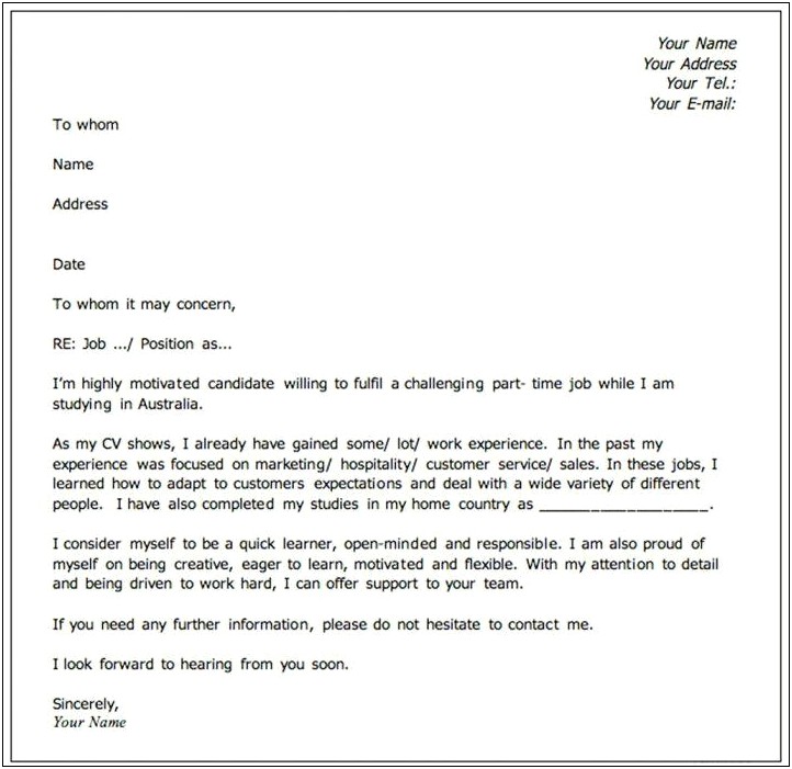 Cover Letter Template For Part Time Job