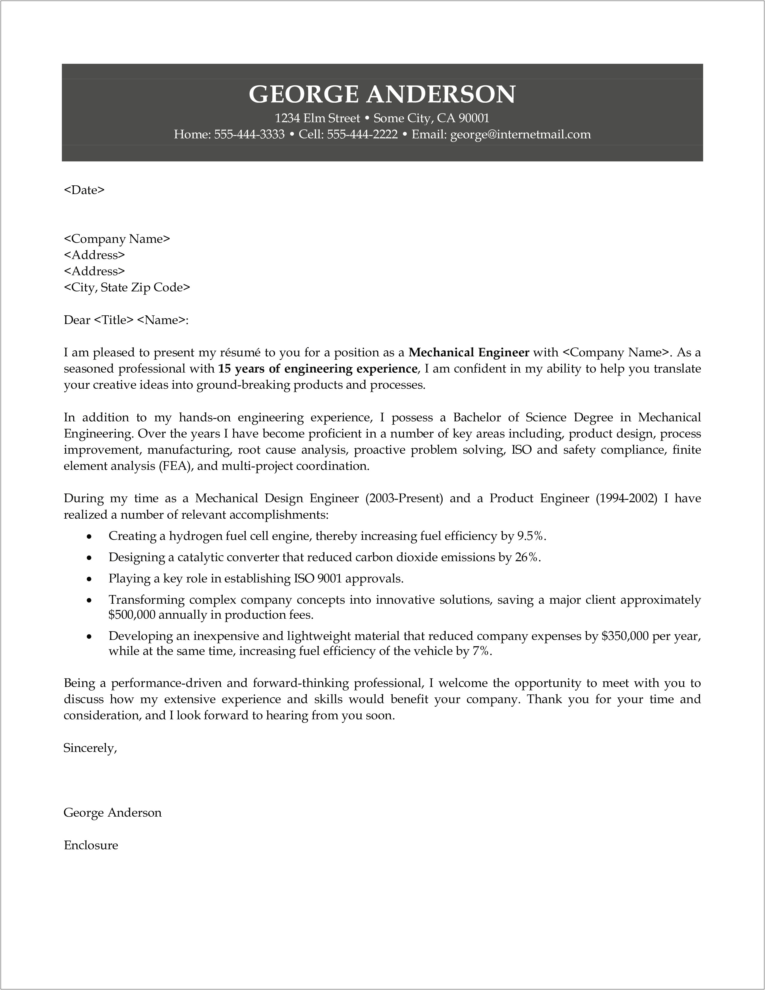 Cover Letter Template For Process Engineering Positions