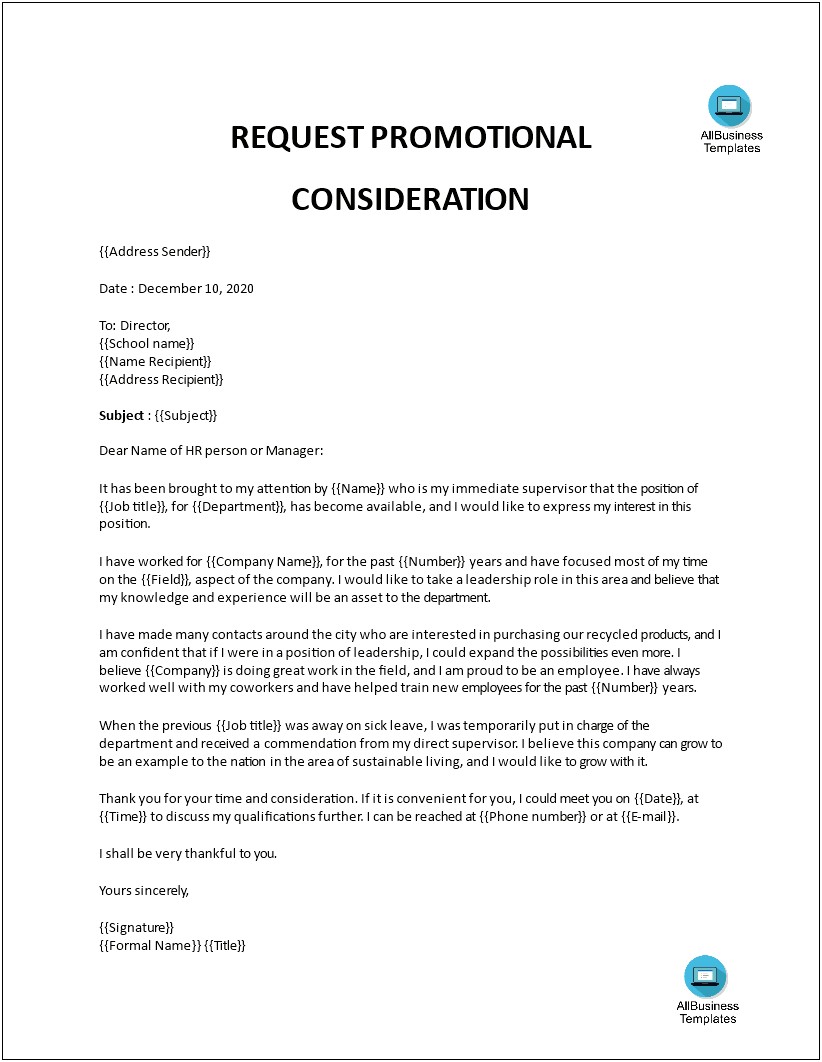 Cover Letter Template For Promotion Within Company