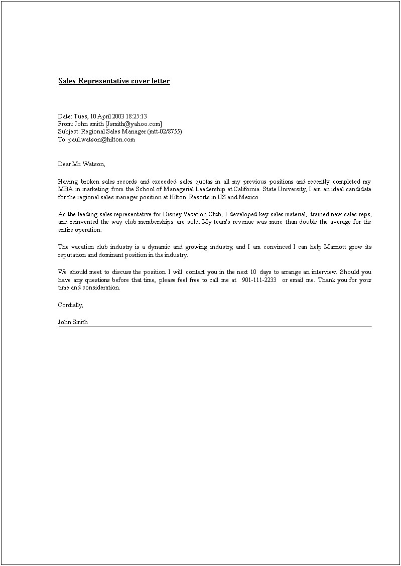 Cover Letter Template For Regional Sales Manager