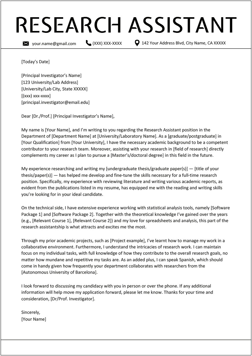 Cover Letter Template For Research Assistant