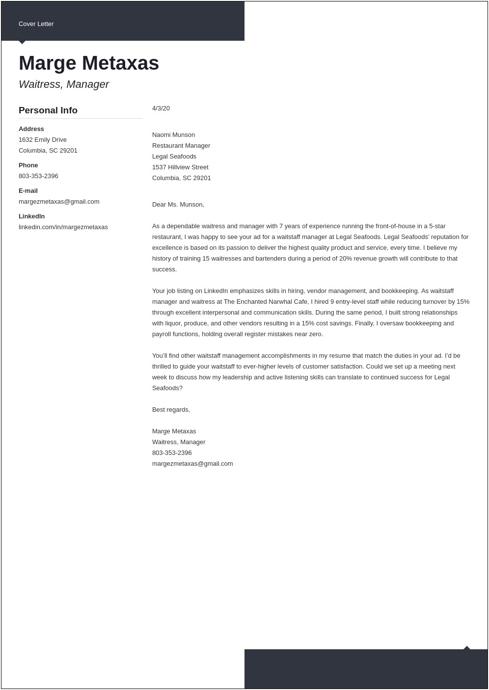 Cover Letter Template For Restaurant Job