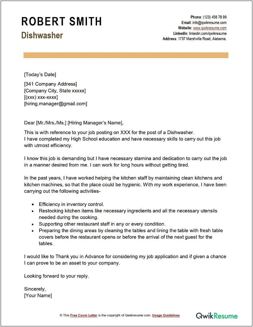 Cover Letter Template For Restaurant Kitchen Position