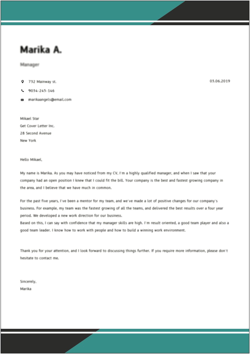 Cover Letter Template For Restaurant Manager