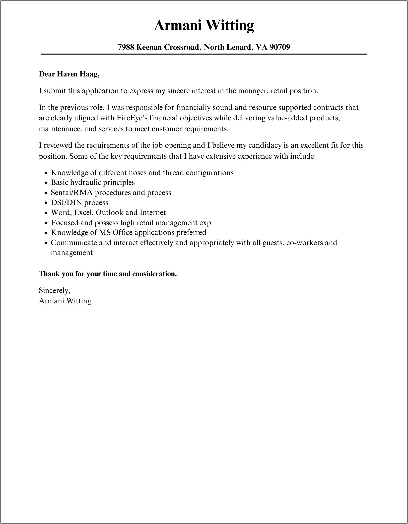 Cover Letter Template For Retail Management Position