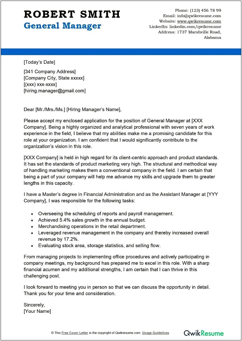 Cover Letter Template For Retail Manager