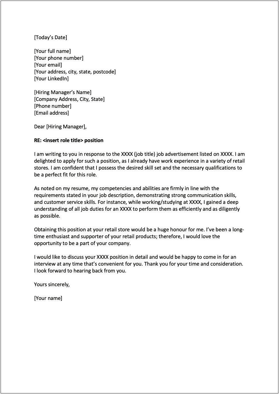 Cover Letter Template For Retail Sales Assistant