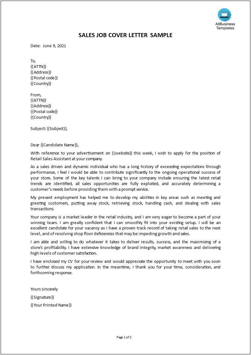 Cover Letter Template For Retail Store