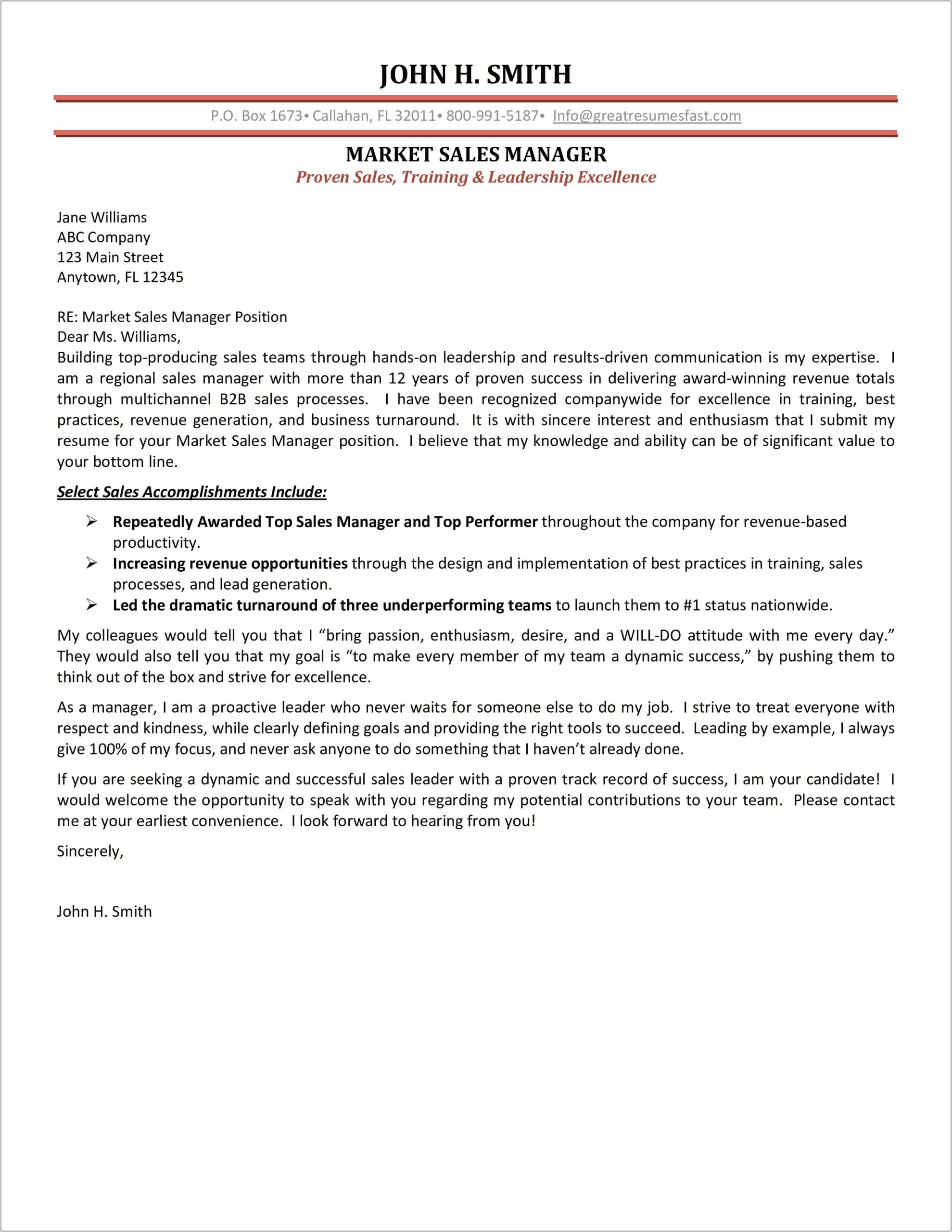 Cover Letter Template For Sales Marketing