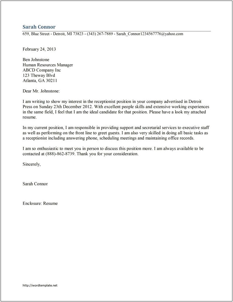 Cover Letter Template For School Receptionist