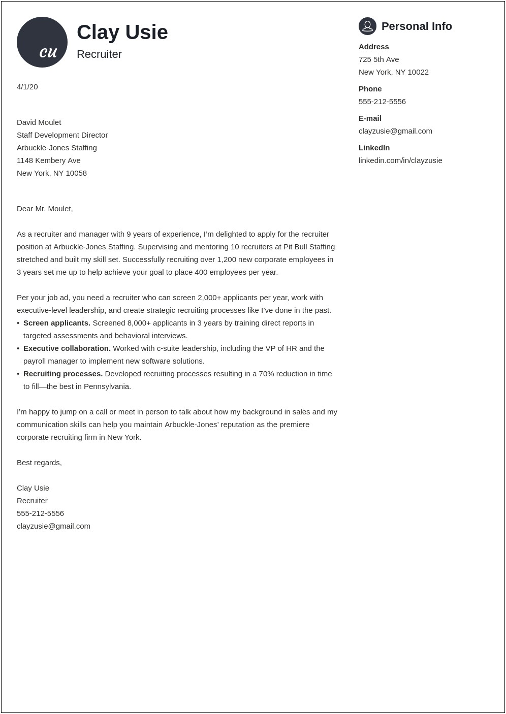 Cover Letter Template For Talent Acquisition