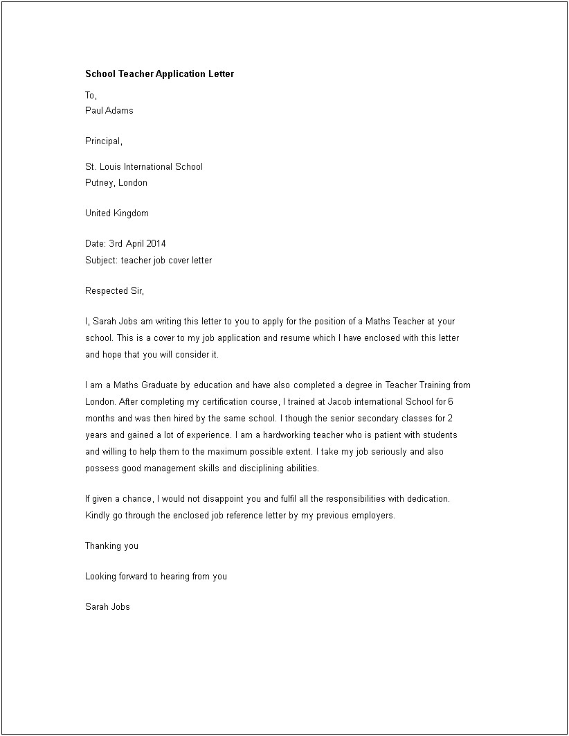 Cover Letter Template For Teaching Job