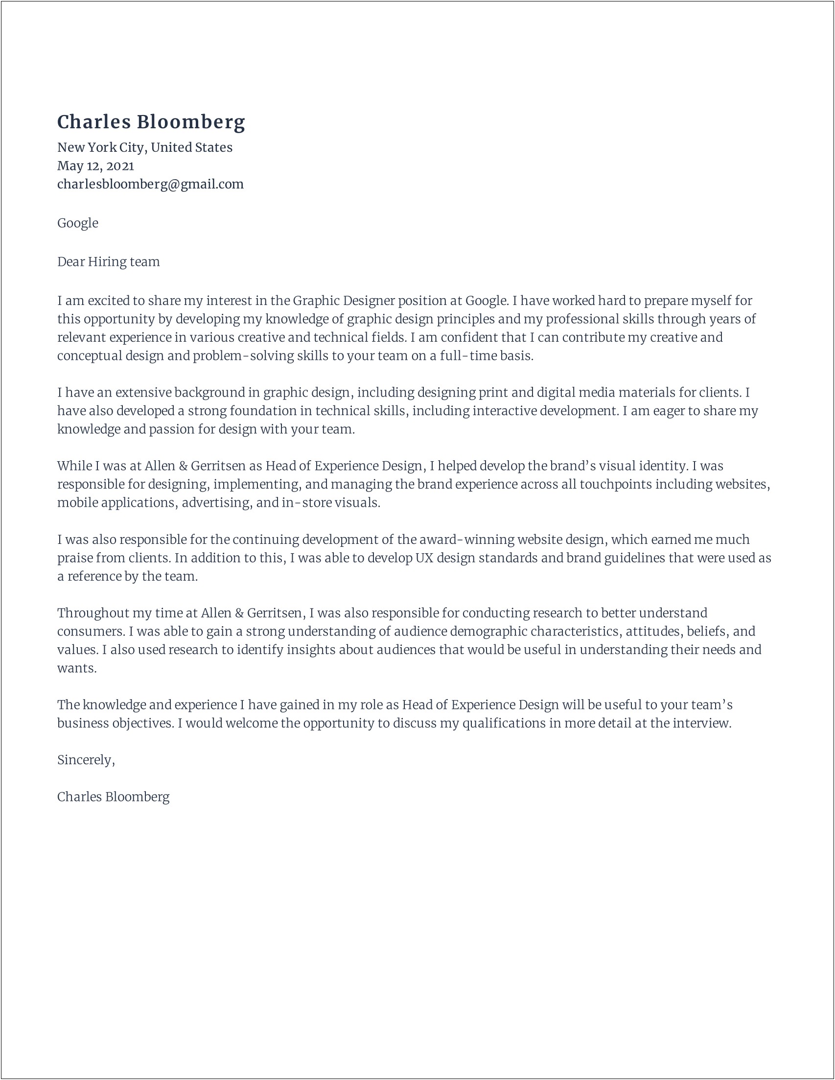 Cover Letter Template For Ux Designer