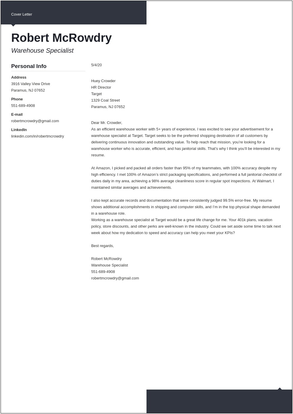 Cover Letter Template For Warehouse Job