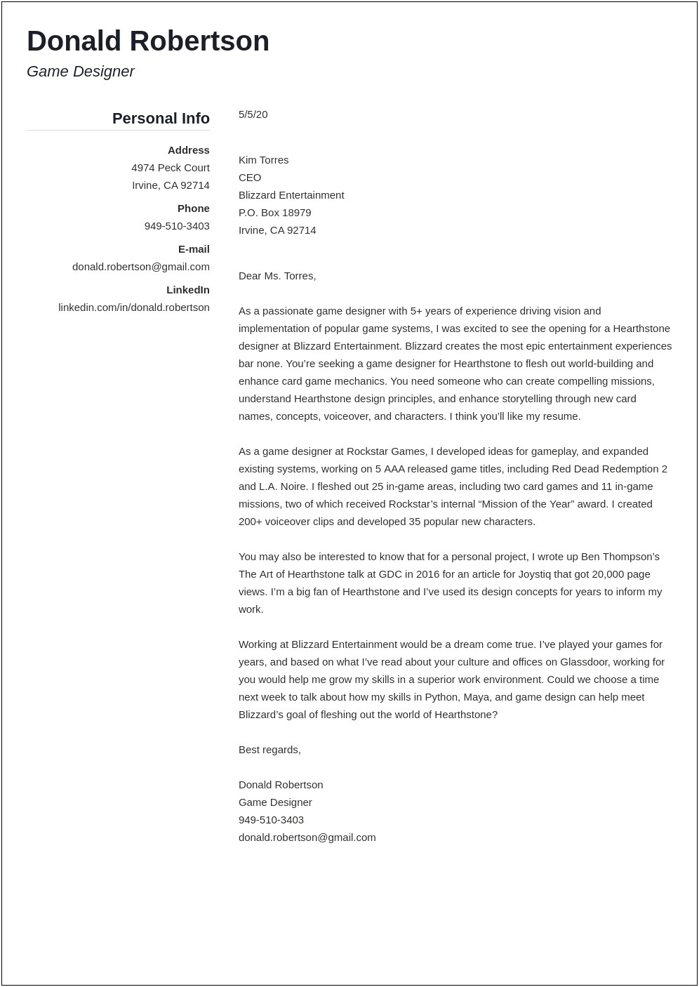 Cover Letter Template Game Studio Internship