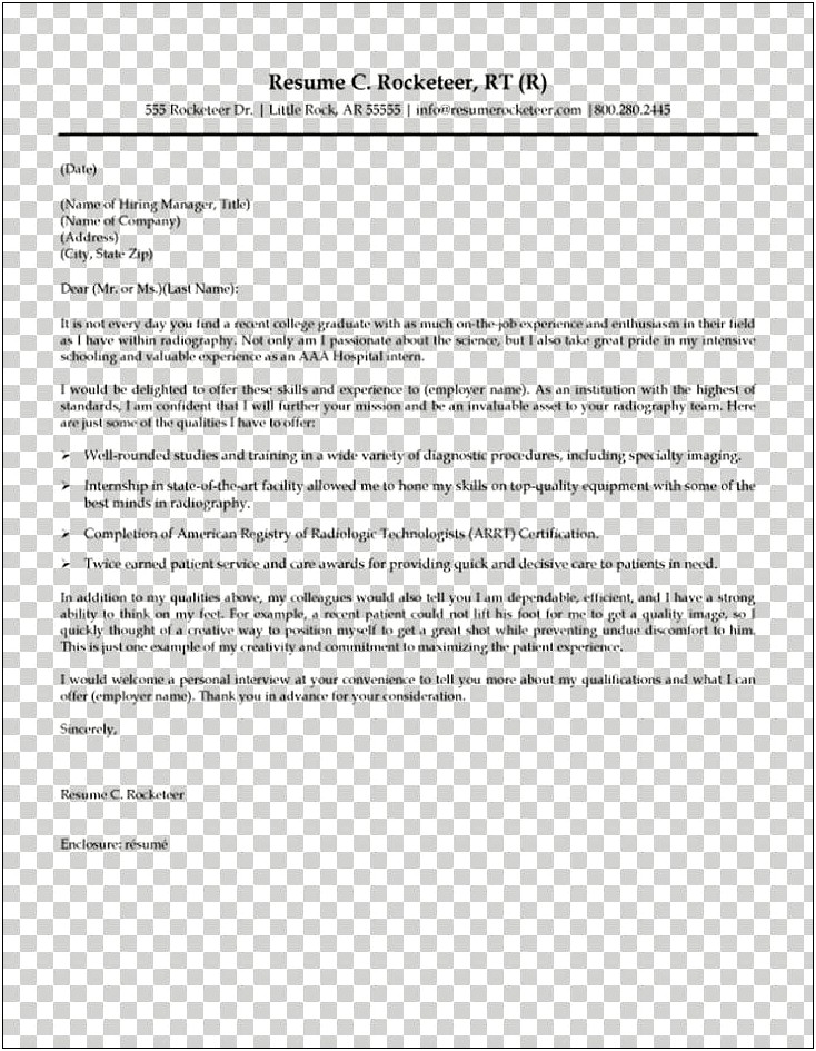 Cover Letter Template New Grads Radiologic Technologist