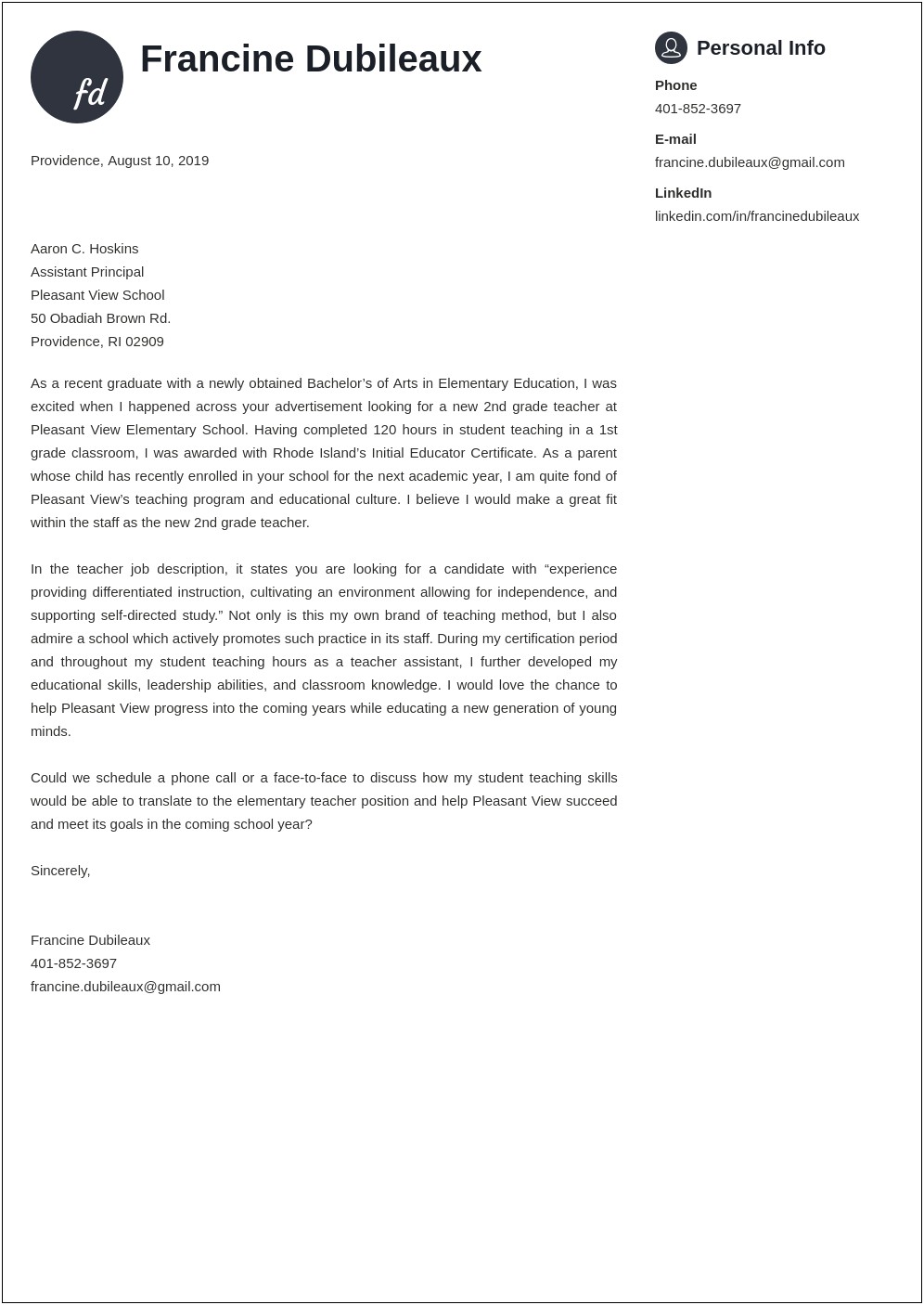 Cover Letter Template Teacher No Experience