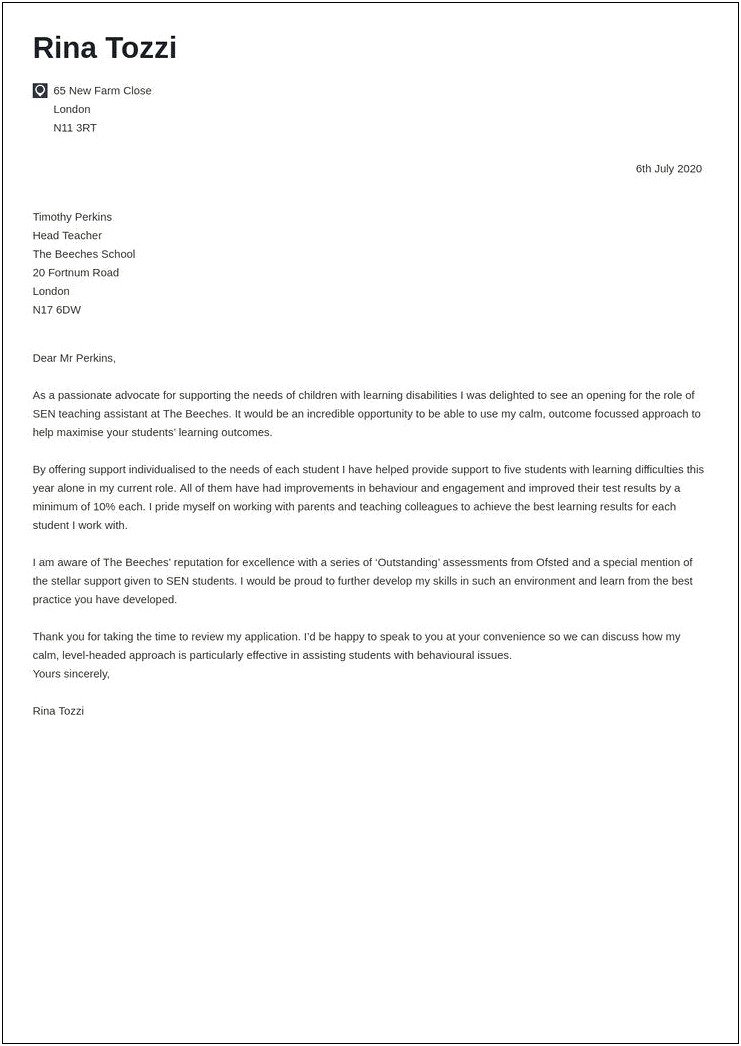 Cover Letter Template Teaching Assistant Uk