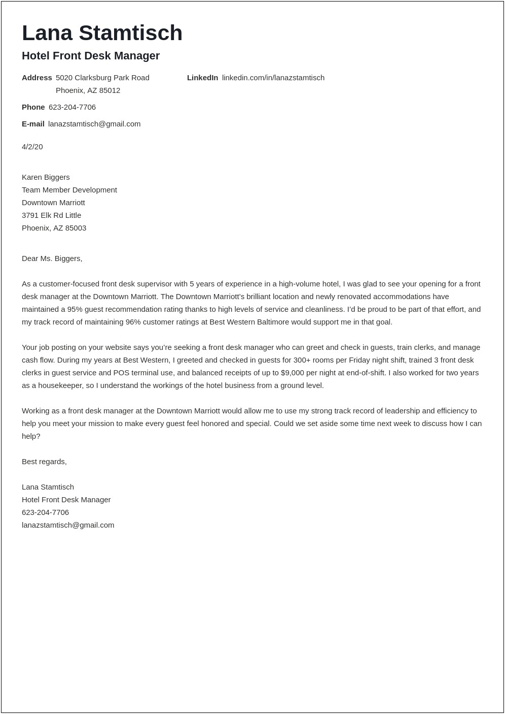 Cover Letter Templates For Hotel Jobs