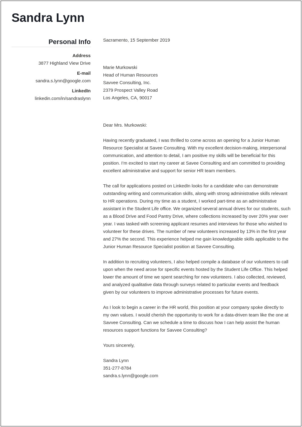 Cover Letter Templates For Human Resources