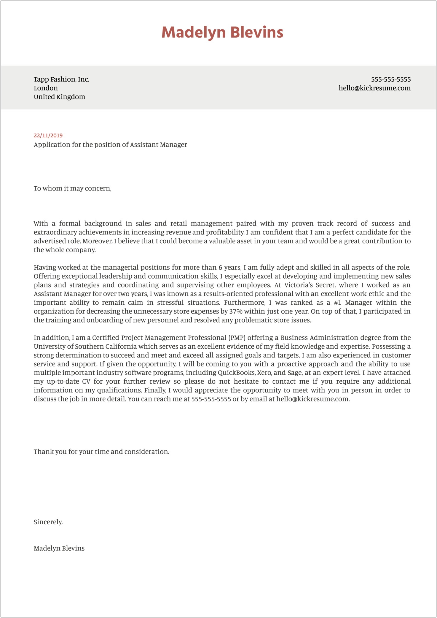 Cover Letter Templates For Retail Management