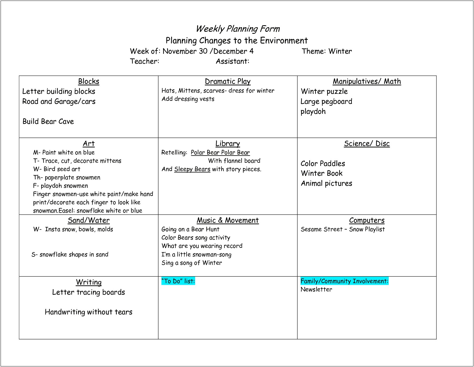 Creative Curriculum Gold Lesson Plan Template