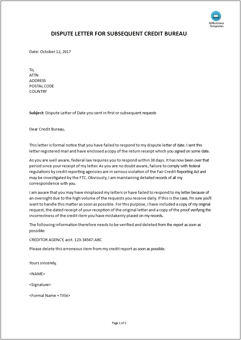 Credit Bureau Credit Dispute Letter Template Pdf