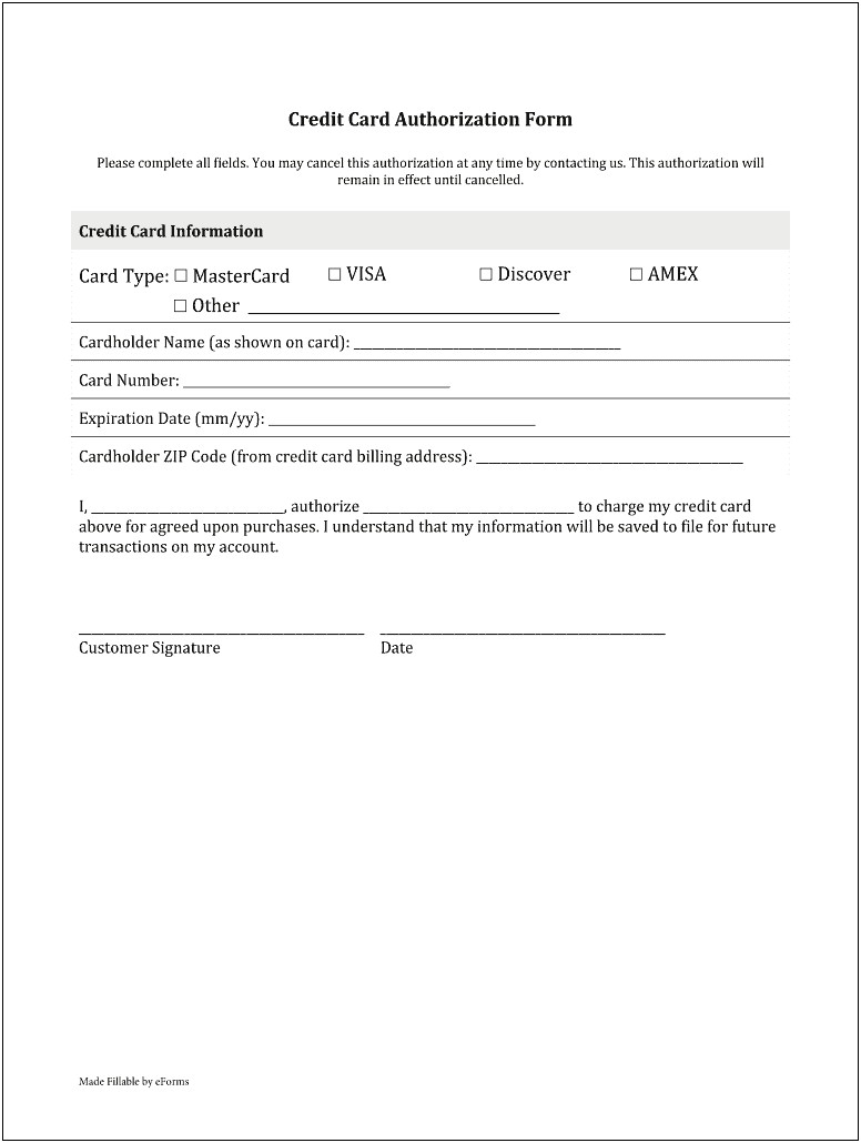 Credit Card Authorization Form Pdf Fillable Template