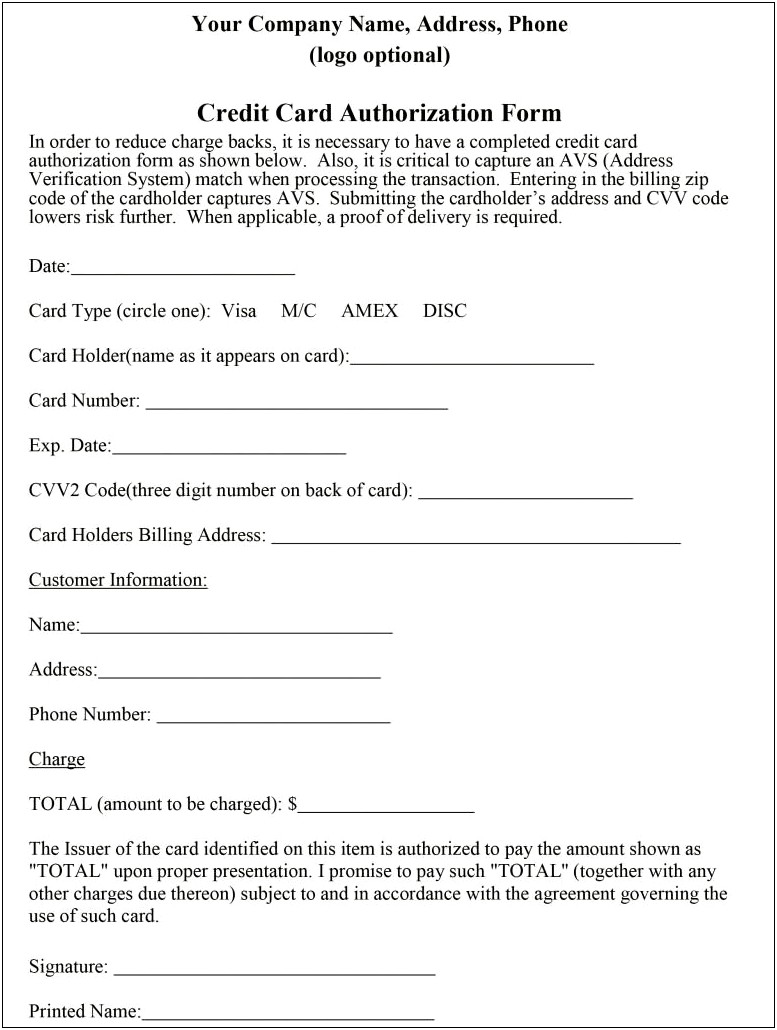 Credit Card Authorization Form Template Pdf