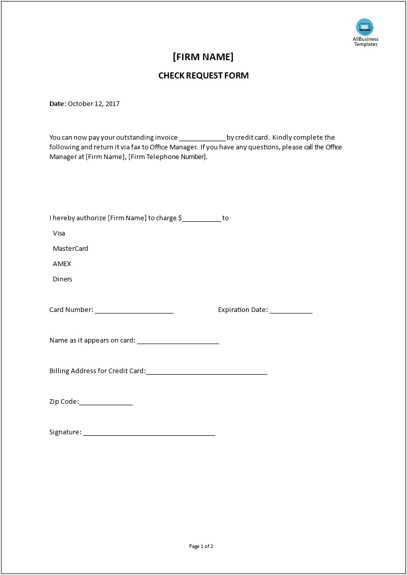 Credit Card Charge Authorization Form Template