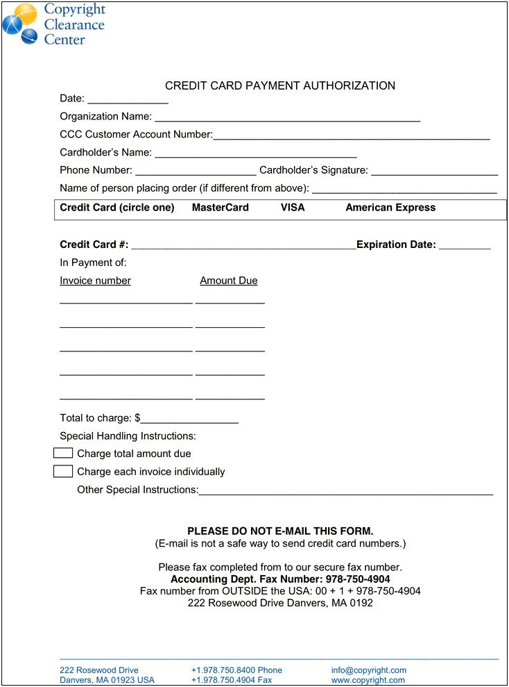 Credit Card Direct Debit Form Template