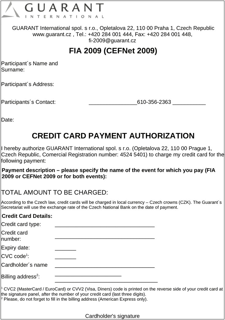 Credit Card Letter Of Authorization Template