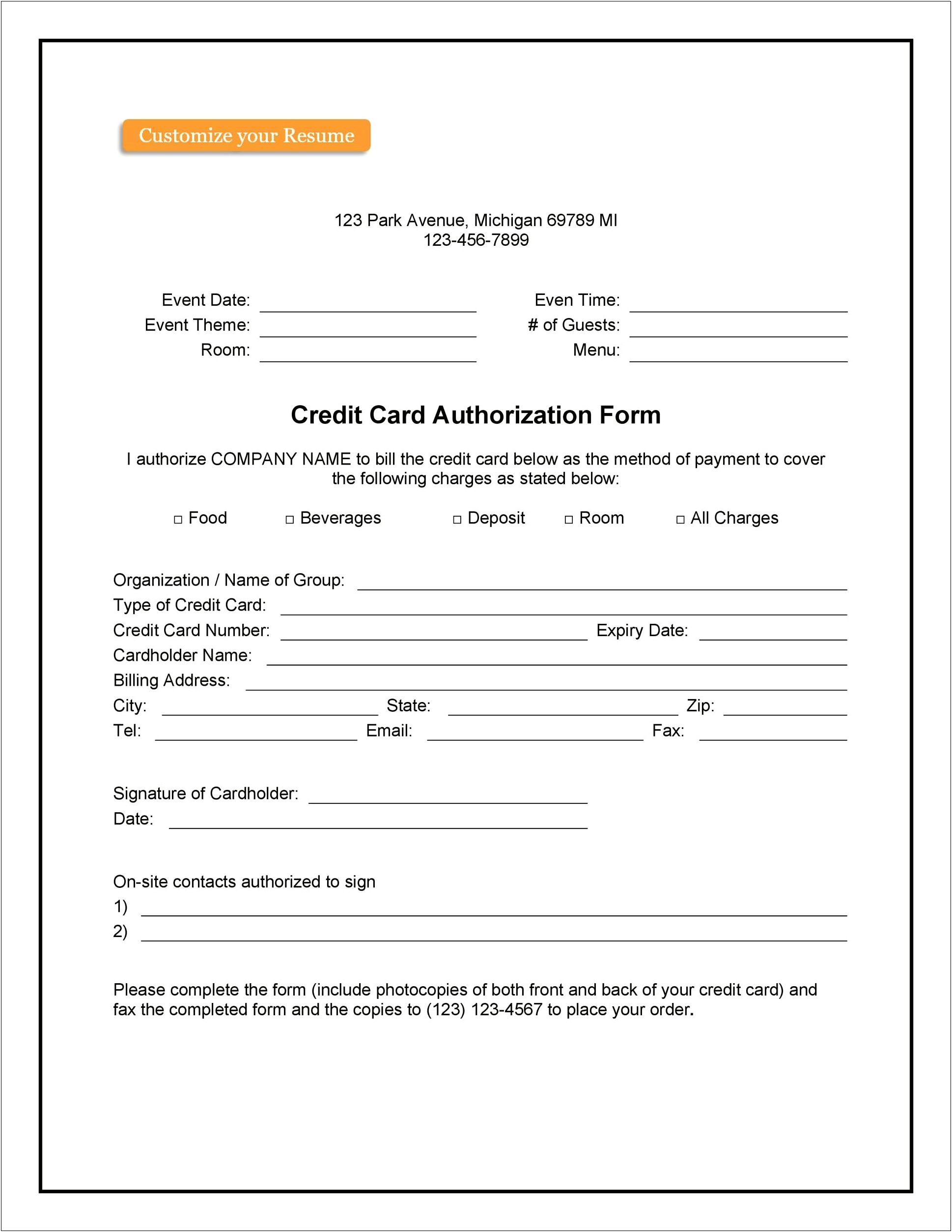 Credit Card On File Authorization Form Template